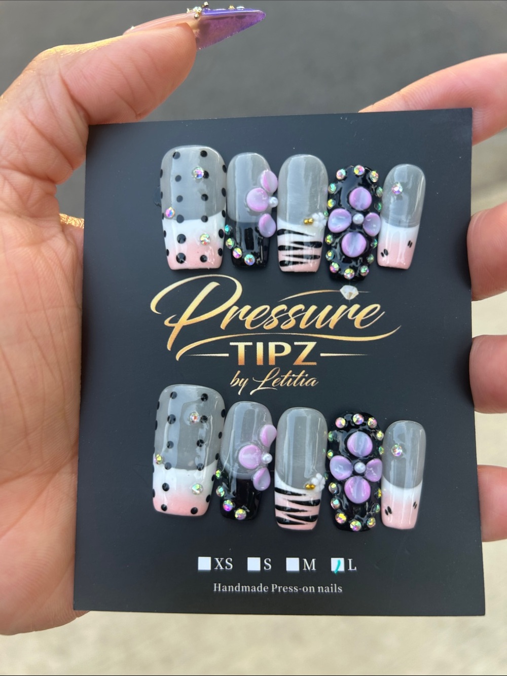 Handmade Press-On Nail Set - Gray, Pink, Black, Purple